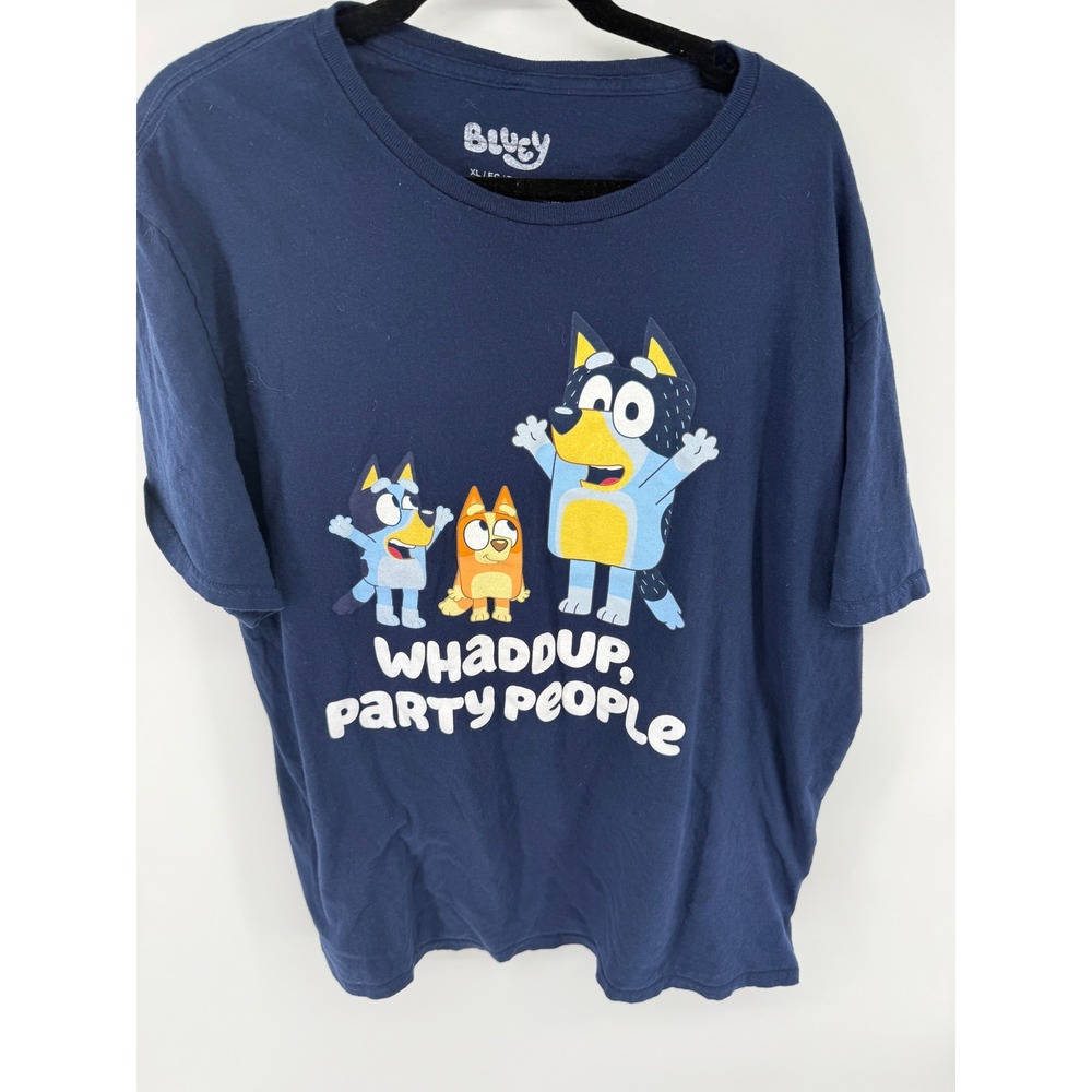 Bluey Whaddup Party People Graphic T-Shirt Navy Blue Mens XL Cotton Tee